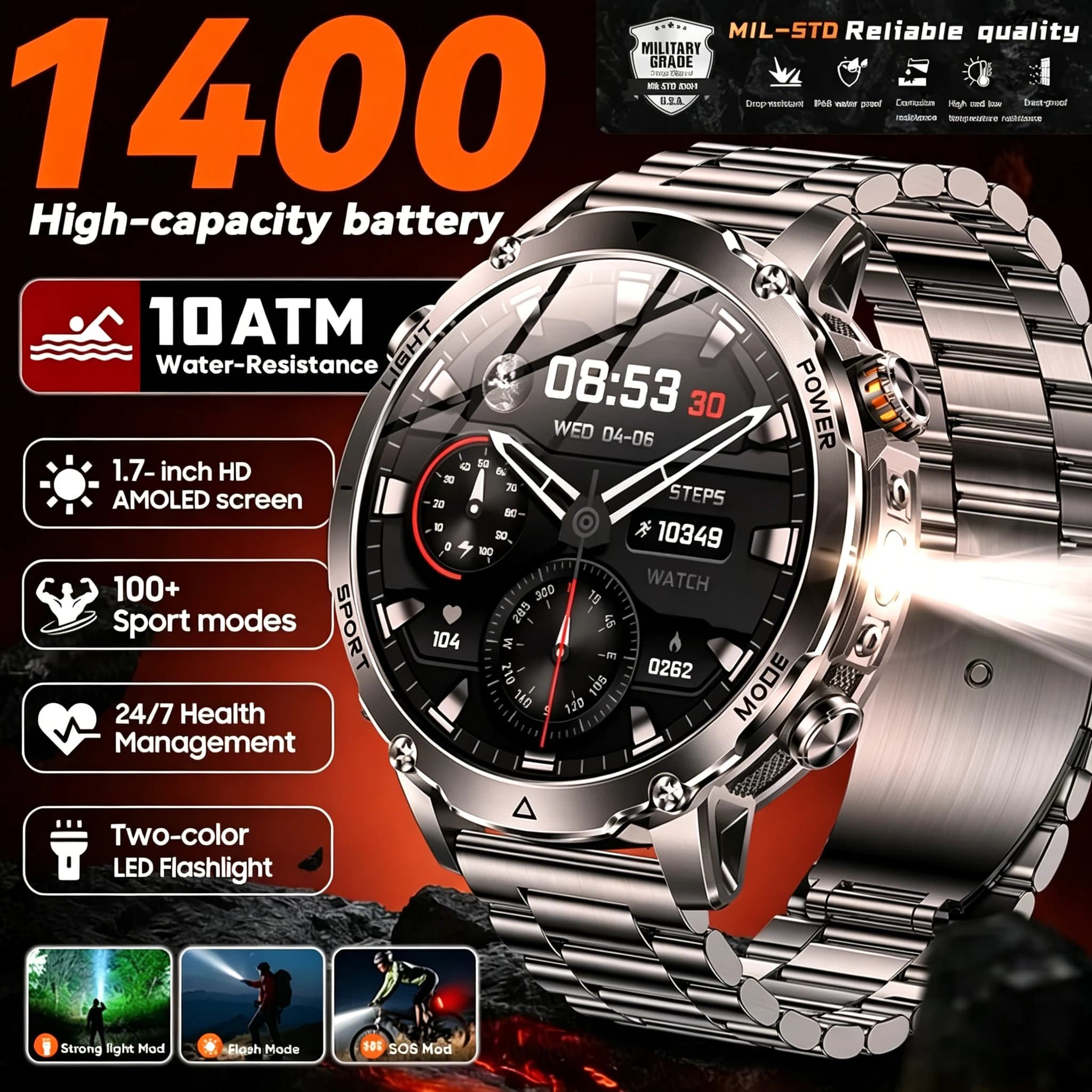 Orologio Smart Militare da Uomo Hot Sale con Batteria da 1400mAh, Display AMOLED da 1.7 Pollici, GPS Sportivo, Chiamate Bluetooth, Compatibile con Android e iOS