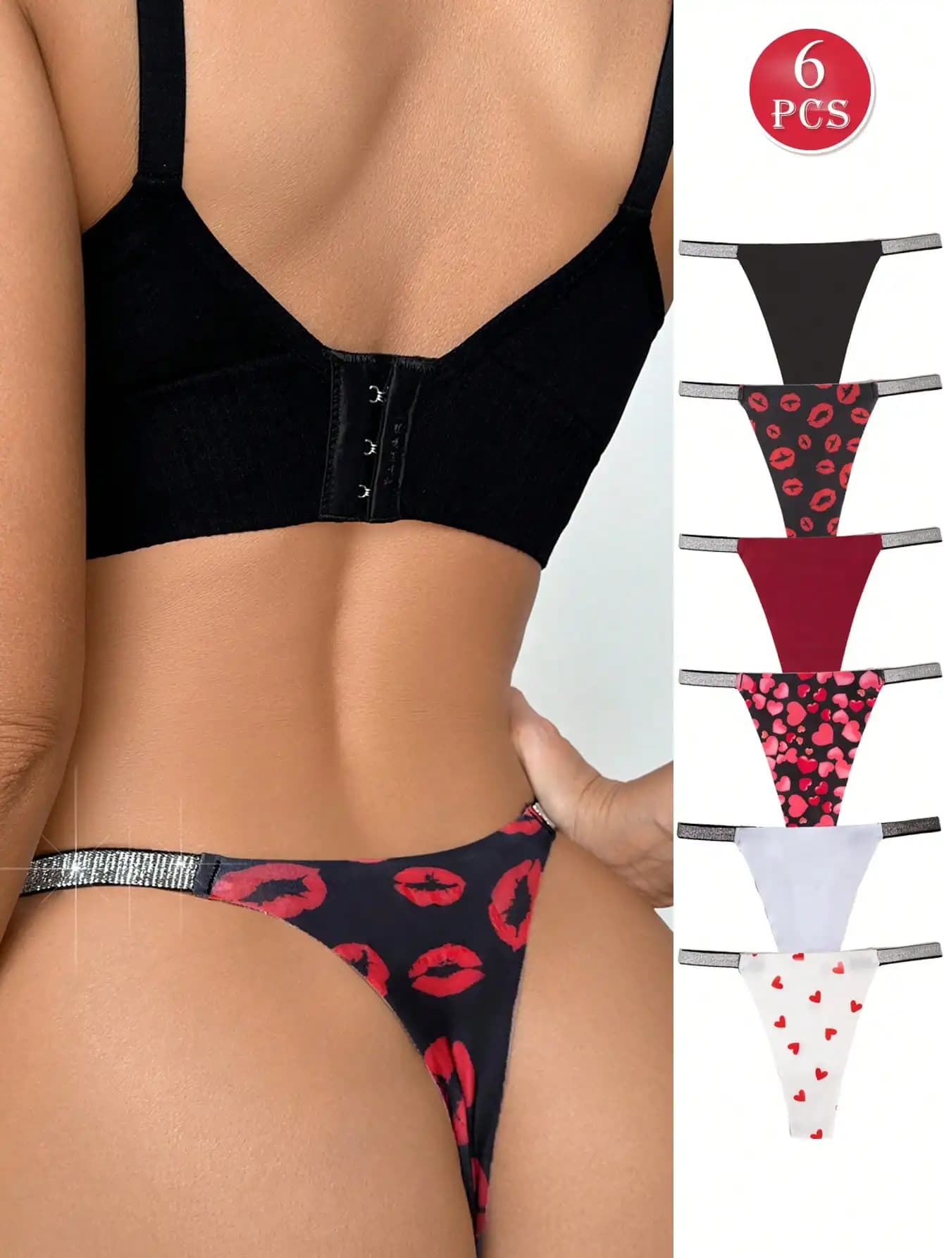 6Pcs Women Lips & Heart Print Rhinestone Strap T-back Thong Panties, Low Rise Smooth Fabric Sexy Invisible Ladies Underwear Mult