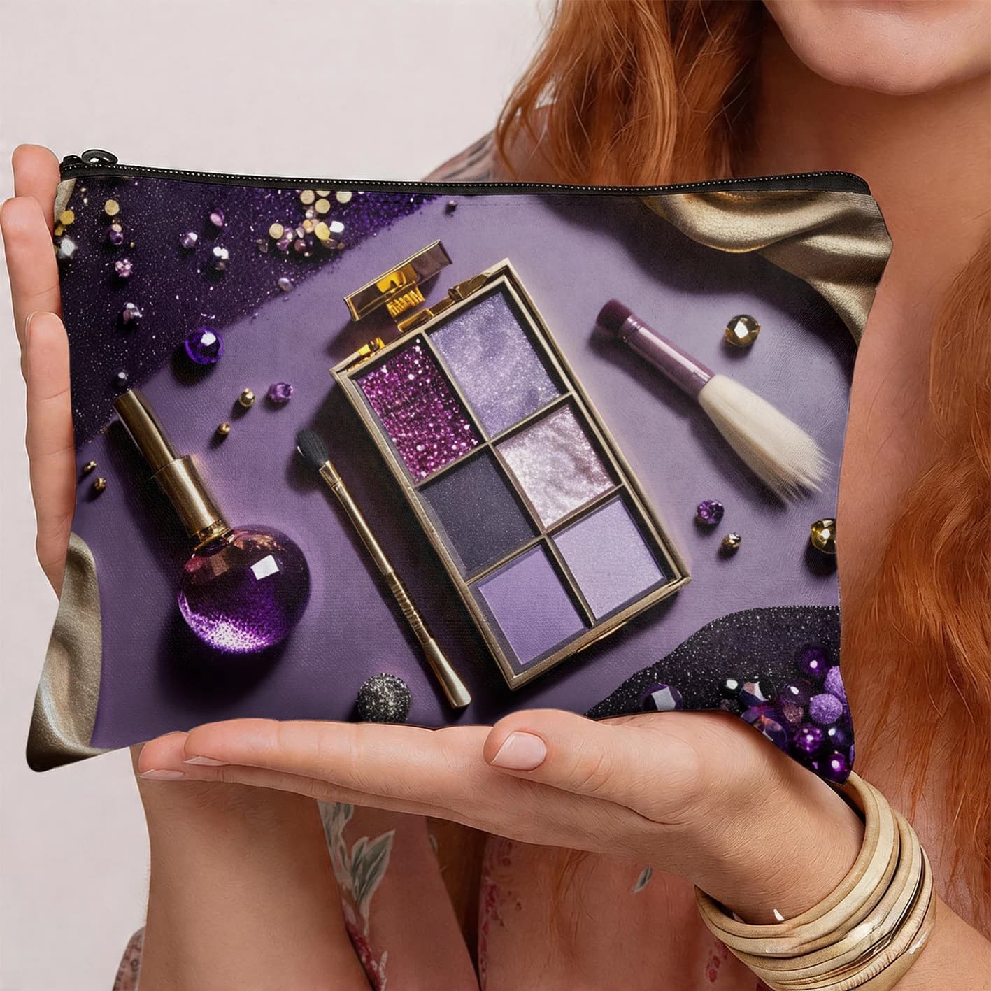 Borsa per cosmetici viola con stampa trucco, organizer per ombretti, profumi e pennelli, abbigliamento da donna