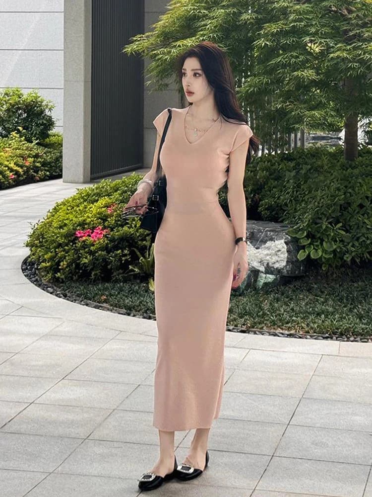 Slim Fit V-Neck Long Dress Women's Summer Elegant Lady Style Bodycon Dress Pure Desire Korean Style Polyester Fiber Dress