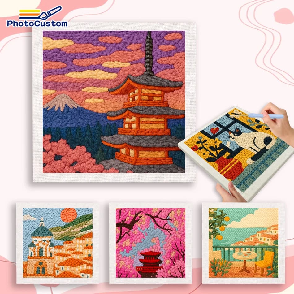 PhotoCustom Building Punch Needle Kit Painting Decor Embroidery Starter Kit Landscape Monks Cloth For Punch Needle Kits Embroide