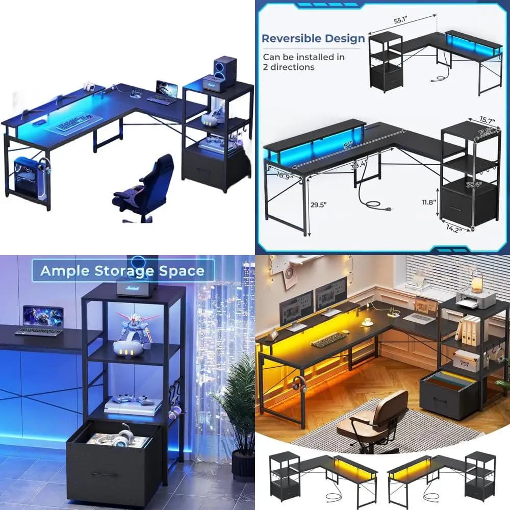 51-inch L Gaming Desk with Storage Space, Current Grips, LED Lights, Fabric Surface, Monitor Support, Black