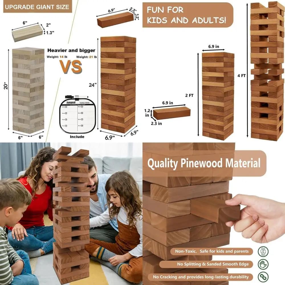Gioco gigante a torre in legno da 54 pezzi - Divertimento impilabile per la famiglia per adulti e bambini, Gioco per feste all'aperto con borsa per il trasporto, 6,9x6
