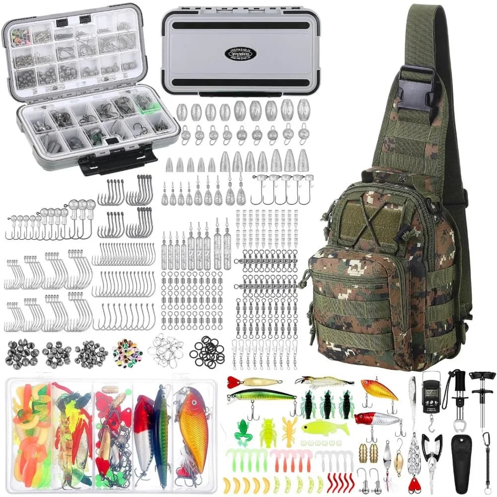 Set di Attrezzatura da Pesca da 482 Pezzi con Ami, Esche, Estrattore, Pinza e Zaino – Perfetto per Regali