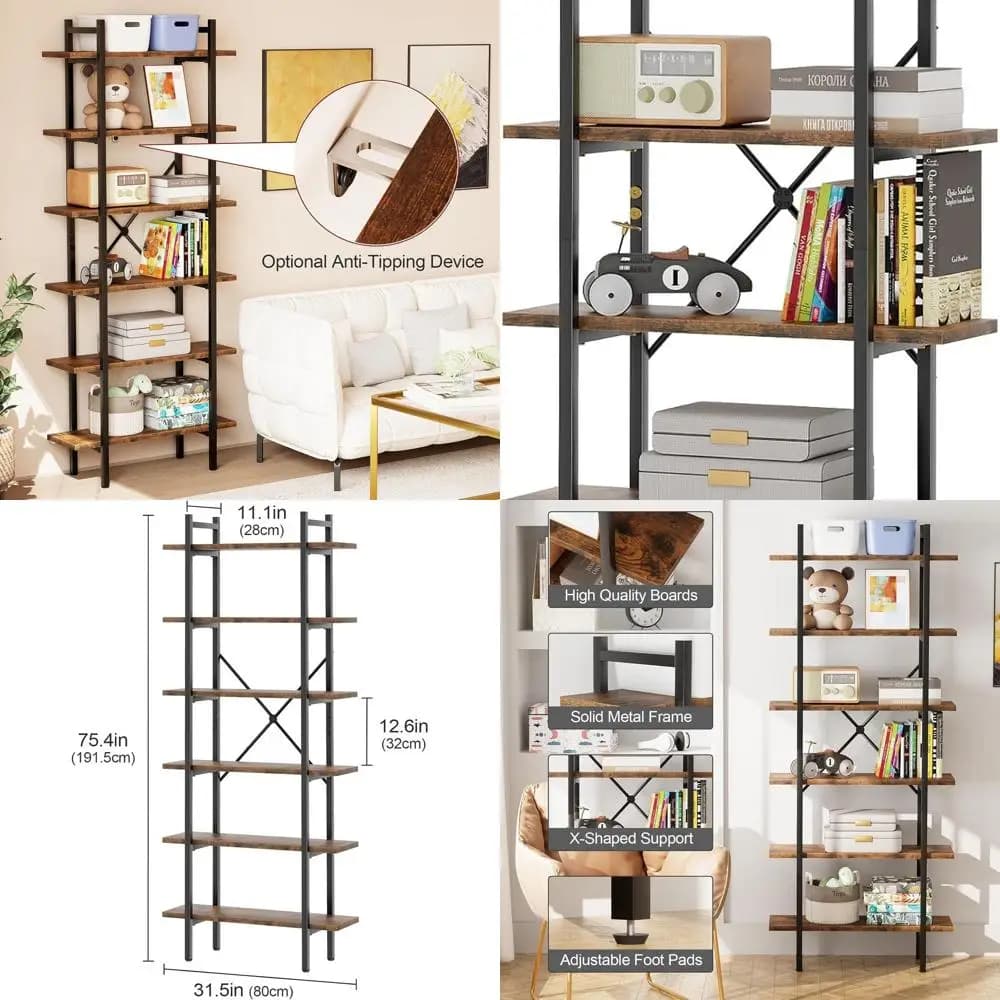 Scaffale industriale per organizer da scaffale a 6 livelli, libreria moderna con display aperto, scaffale in piedi per libreria in metallo e marrone rustico
