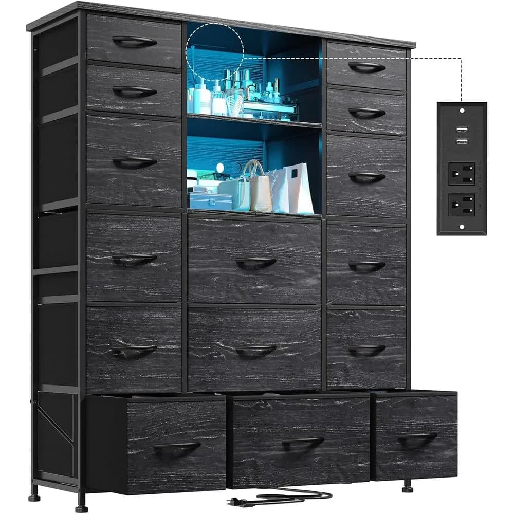 Stylish 51 High Bedroom Dresser with 15 Drawers, Charging Station, LED Lights, and Hutch