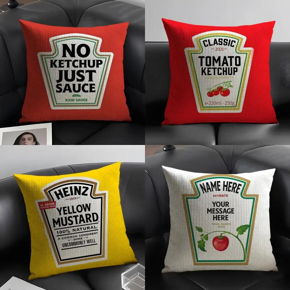 Divertenti fodere per cuscini in lino con etichetta di ketchup per decorare divani, cuscini per la casa, sedie e auto
