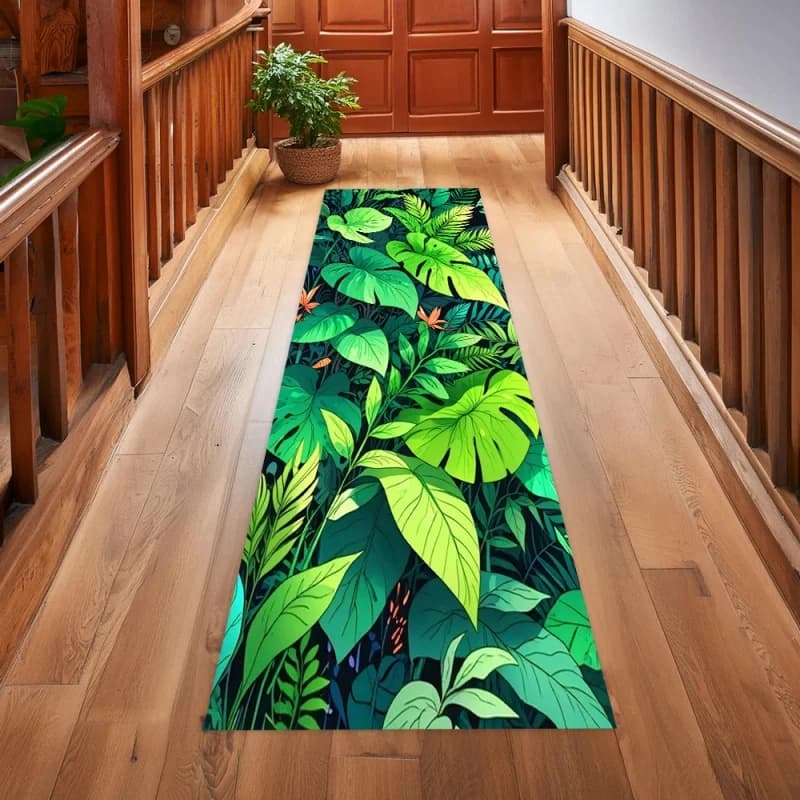 Tropical Jungle Green Leaves Runner Rug Non Slip Hallway Floor Mat Monstera Plant Print Carpet for Entryway Kitchen Bedroom