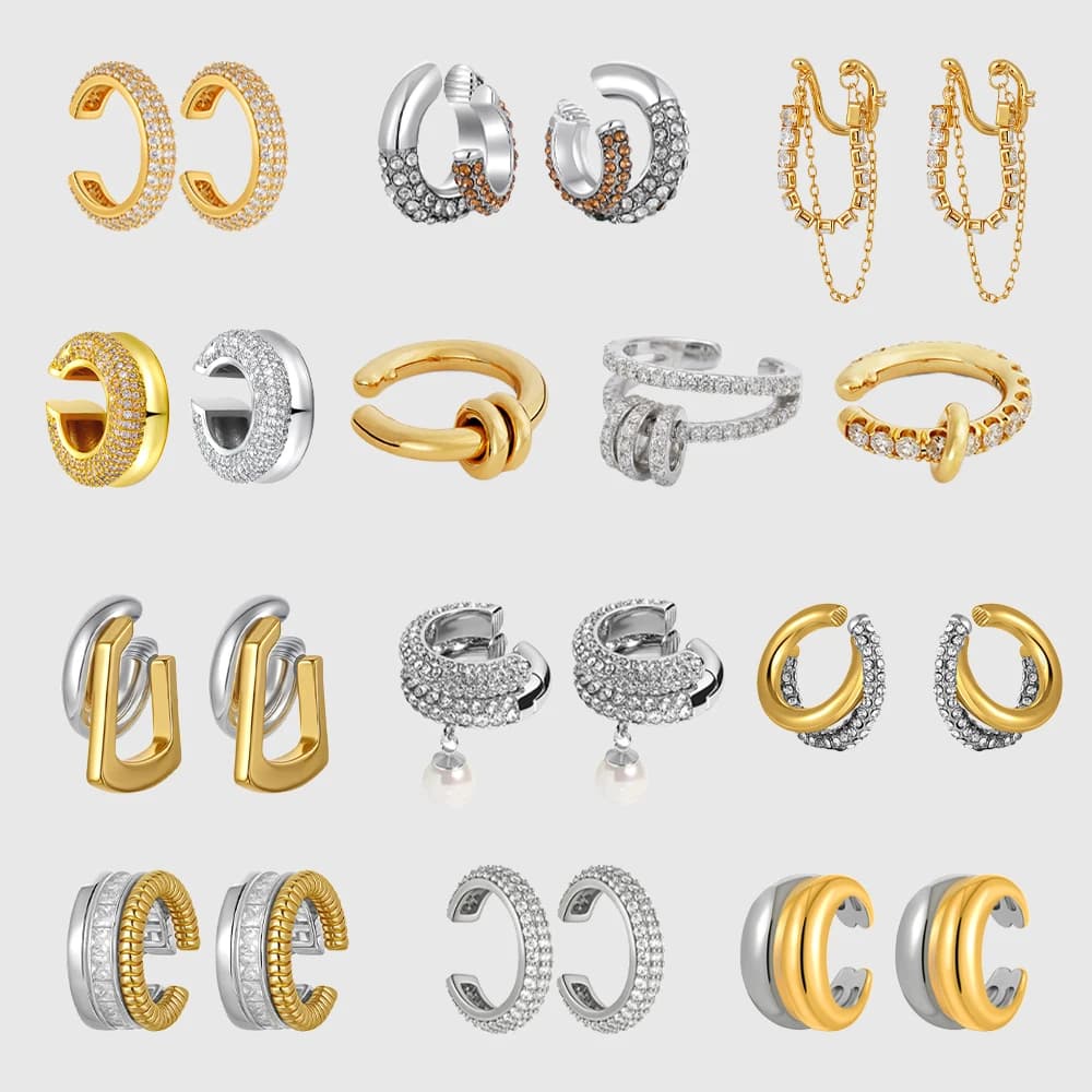 Orecchini a Clip di Lusso con Zirconi, Senza Piercing, in Oro e Argento, Doppio Strato, Gioielli in Acciaio Inossidabile per Donne