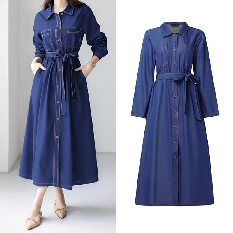 Women's Denim-Like Shirt Dress Casual Turn-Down Collar Long Sleeve Sashes Long Dress ZANZEA Elegant Commuting A-Line Robes Femme