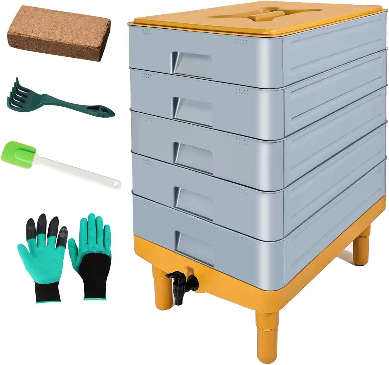 Compostiera per Vermicompostaggio da 100L con 5 Vassoi, Contenitore per Compostaggio Interno ed Esterno per Riciclaggio Rifiuti Alimentari