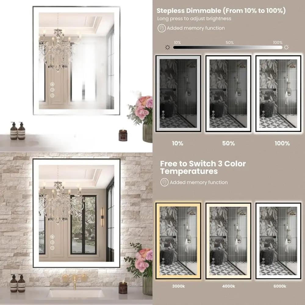 Specchio da bagno illuminato a LED 24x36 con cornice nera, luci anteriori e posteriori, attenuazione continua, antiappannamento, infrangibile, 3