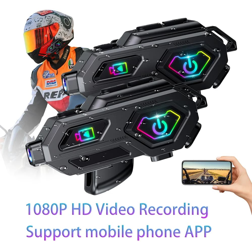 2 Pezzi Telecamera HD 1080P per Casco Moto con Auricolari Bluetooth 5.3, Sistema Intercom, Radio FM, IPX5, Cuffie Handsfree per Motocicletta