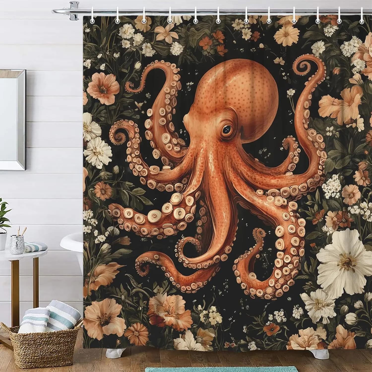 Tenda da doccia con stampa vintage di polpi e fiori per l'arredamento del bagno a tema nautico