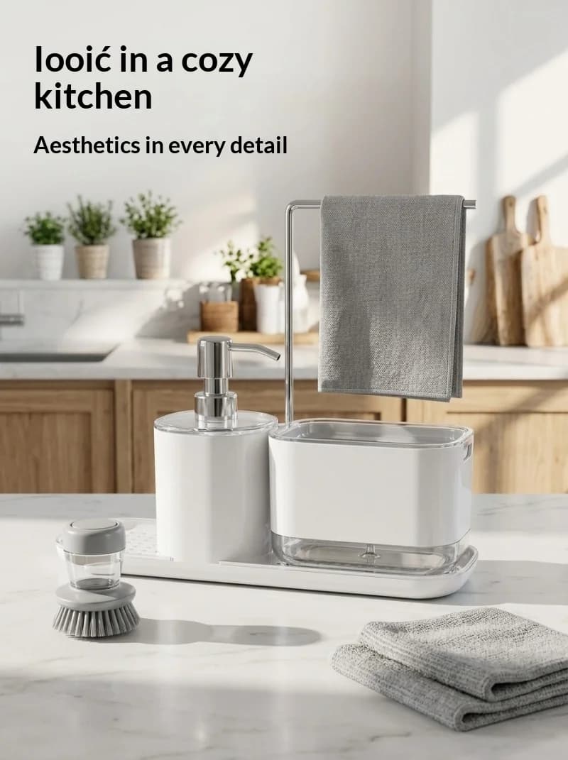 Vassoio di scarico per lavello da cucina con dispenser manuale per detergente e portasciugamani, contenitore per erogazione di detergente liquido