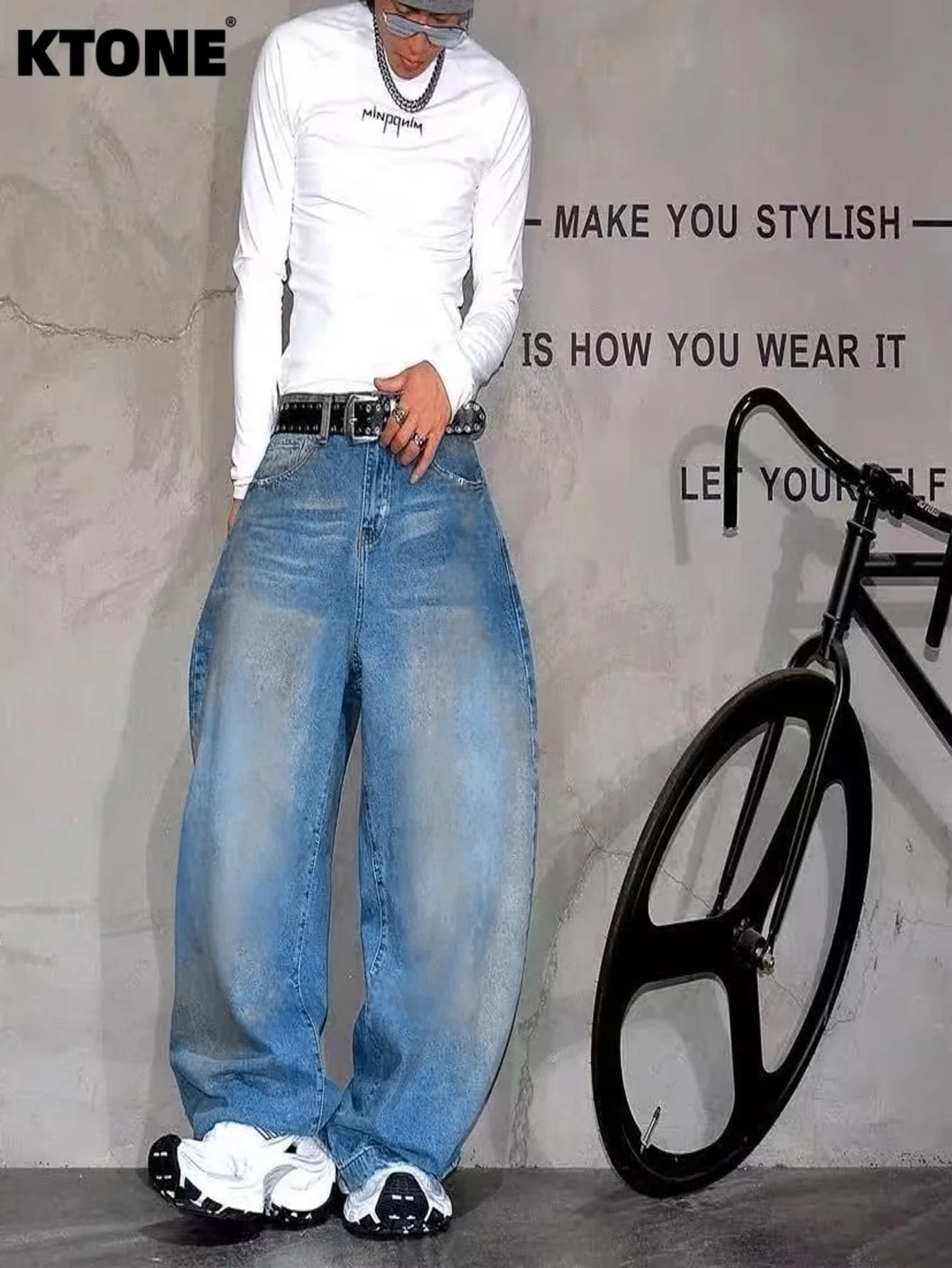 Jeans Blu Larghi da Uomo Originali Stile Street Fashion Rilassati Senza Accessori o Cinture Incluse