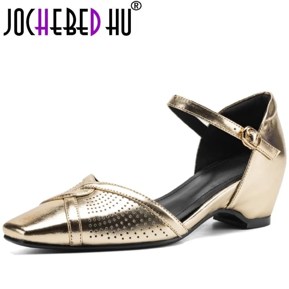 【JOCHEBED HU】Women's Handmade Genuine leather carving British style slip-on flats retro elegant ladies daily dress shoes 34-40