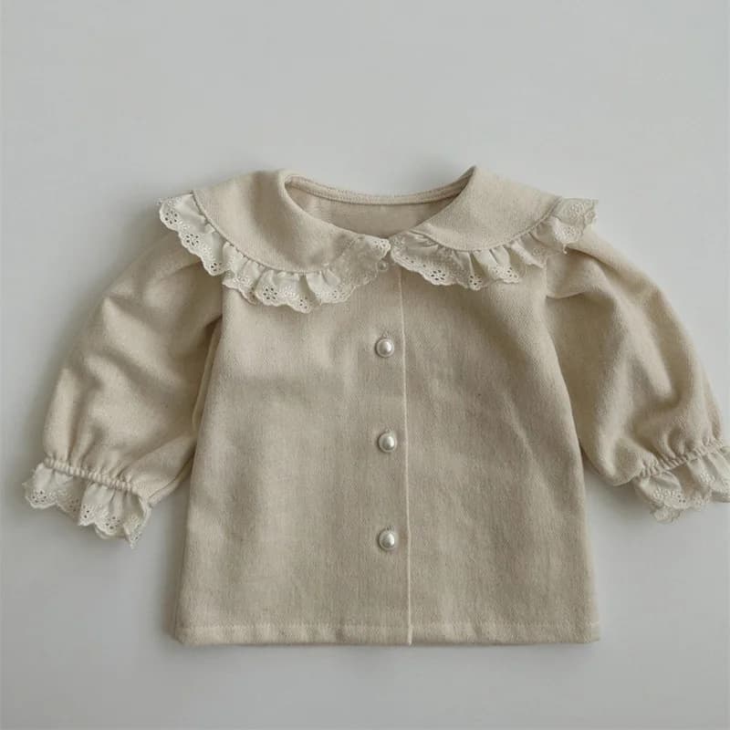 Camicetta a maniche lunghe per bambina primavera autunno Camicetta casual in cotone con risvolto grande in pizzo Camicia per neonato Moda solida