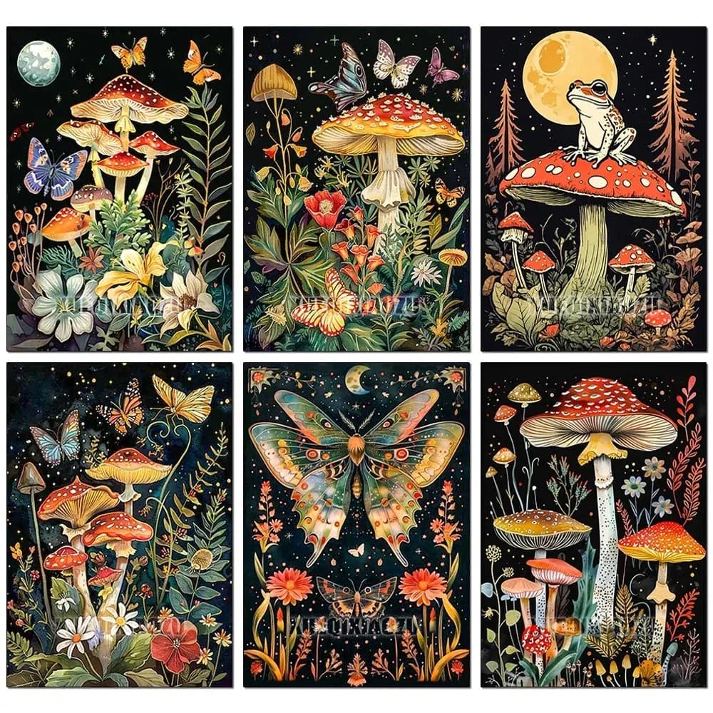 5D DIY Diamond Painting Kit Mushroom Butterfly Picture Mosaic Cross Stitch Handmade Craft Home Living Room Wall Decor Nice Gift