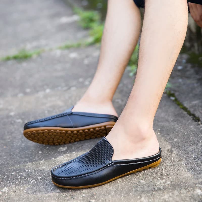 Summer Genuine Leather Slippers Men Casual Loafers Fashion Outdoor Breathable Light Mules Cool Half Shoes Italian Design Sandals