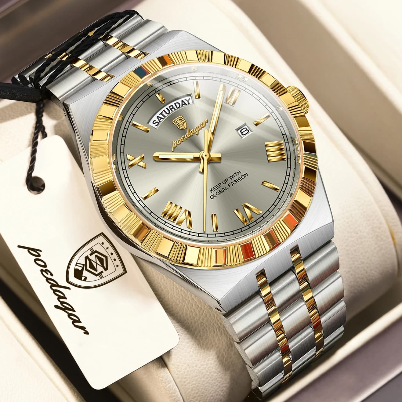 POEDAGAR Orologio da uomo d'affari di moda Luminoso impermeabile Settimana Data Orologio da polso da uomo di lusso Orologi al quarzo in acciaio inossidabile per uomo