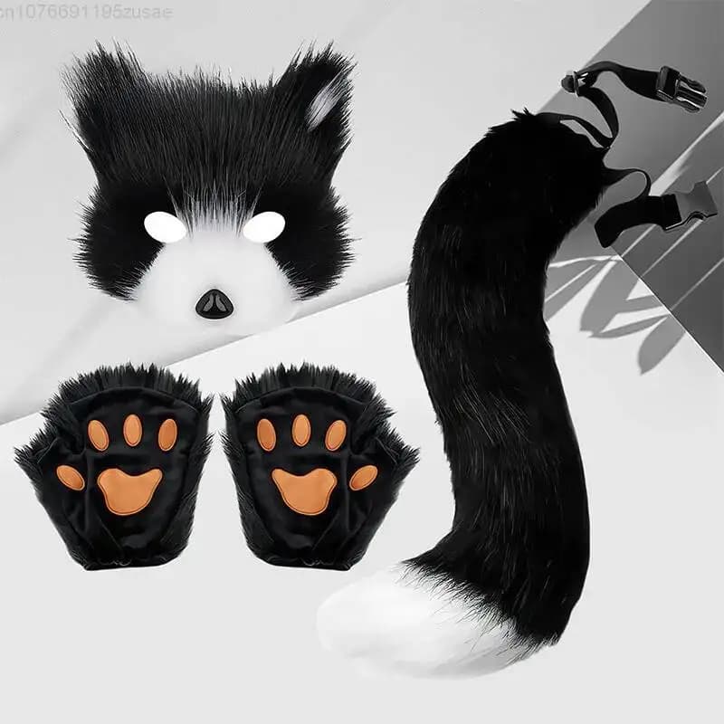 Fluffy Fur Fox Tail Cat Paws Gloves And Face Mask Cosplay Costume Wolf Therian Mask Set Halloween Party Accessories