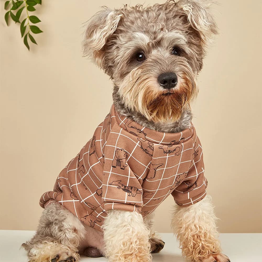 Cute Coffee Brown Plaid Dog Hoodie, Cute Dinosaur Print Pet Clothes, Warm Fleece Lined Cat Apparel, Puppy Kitten Sweatshirt