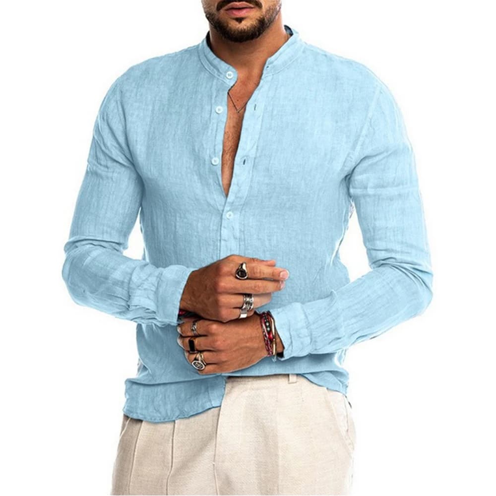 Men's long sleeve shirts in cotton linen hot sale solid summer collar raised beach style casual strong sizes