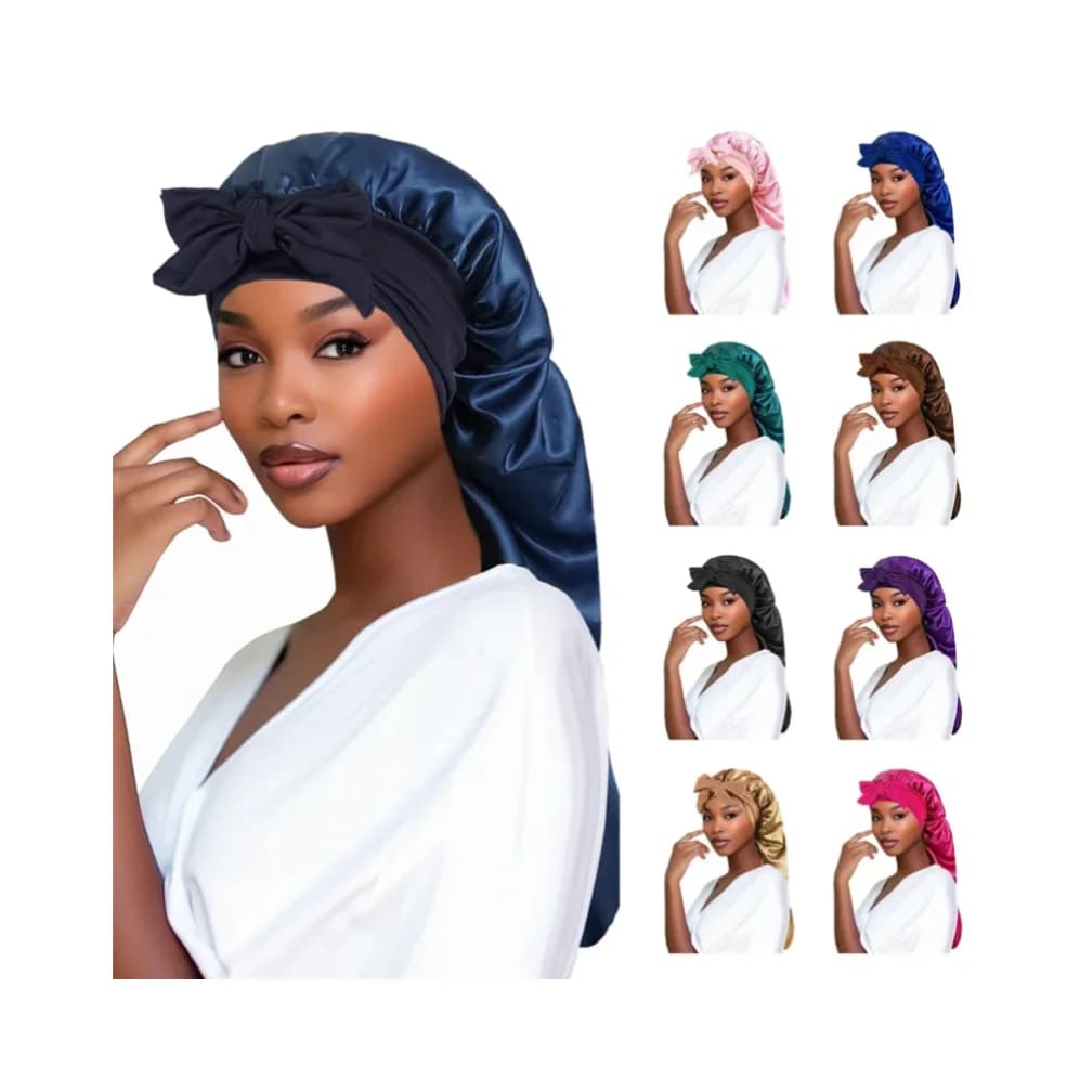 2pcsWomen Bonnet Satin Sleeping Hat Long Tail Braid Hair Night Sleep Cap Head Cover Bonnets Shower Caps for Sauna Bathing Bonnet