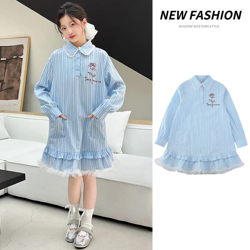 Camicette eleganti per bambini tipo vestito per ragazza Camicia a righe verticali stile preppy Abiti Abbigliamento a maniche lunghe per bambini della nuova scuola