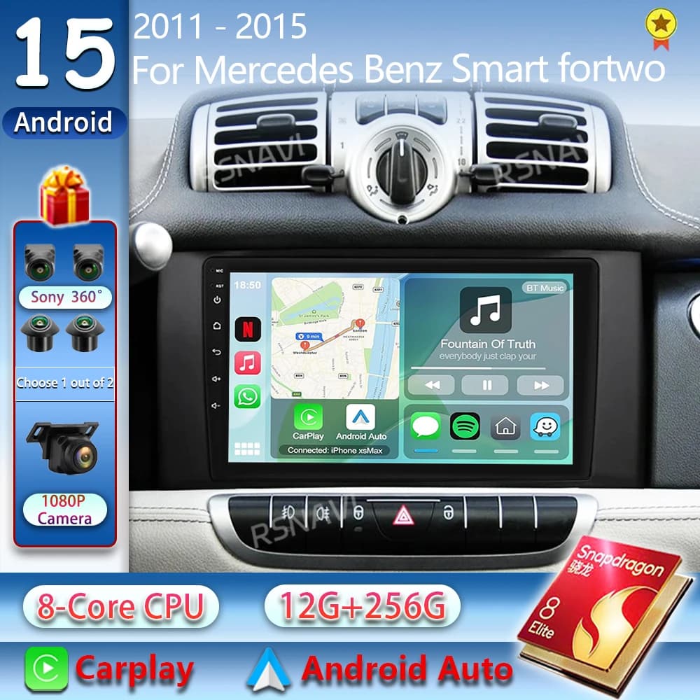 Android 15 Car Radio For Mercedes Benz Smart Fortwo 2 2010 - 2015 Carplay Auto BT Navigation 360 Camera Stereo Video Player 2Din