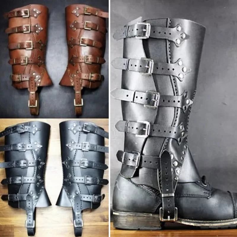 Parastinchi medievali Cavaliere Guerriero Armatura Ghetta Copri stivali Spats Accessori per costumi rinascimentali Cinturino in pelle Larp Greave