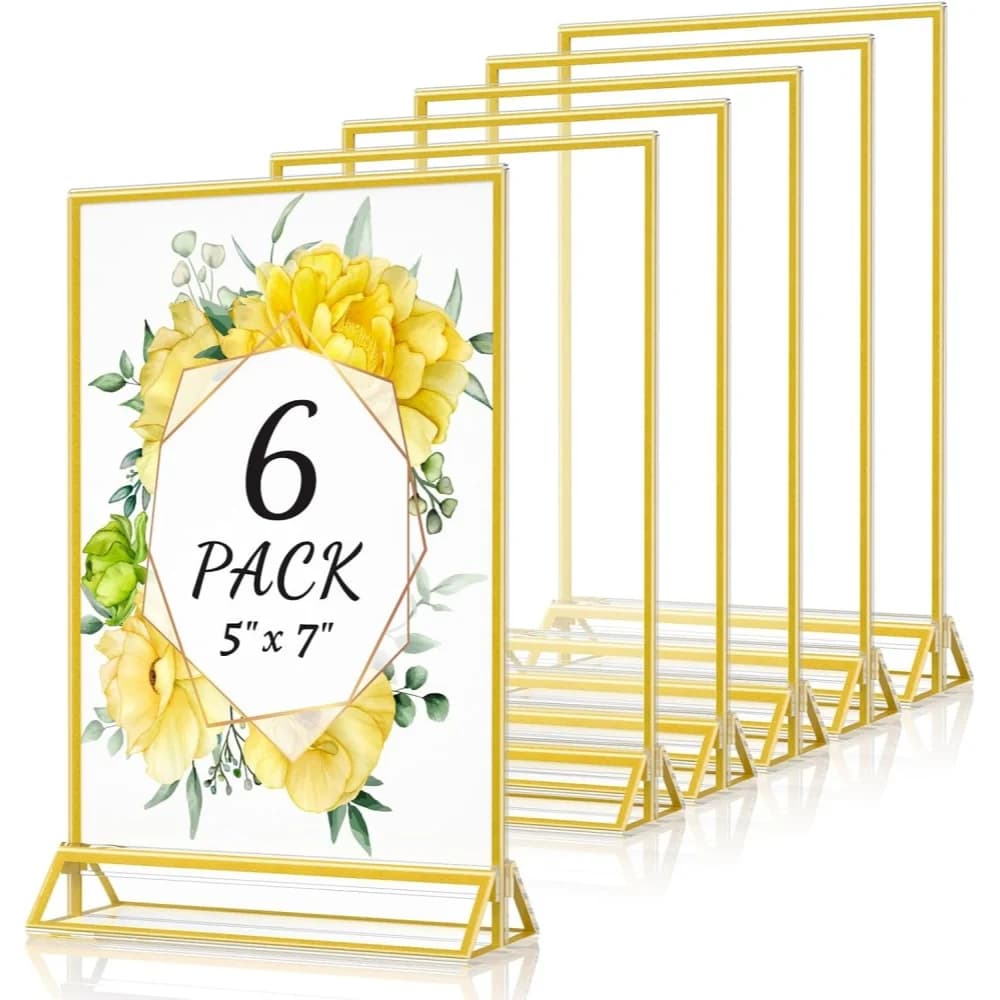 6 Pack 5 X 7 Acrylic Sign Holder Gold Picture Frame Double Sided Tabletop Display Stand Menu T Shape Clear Plastic Paper Holder