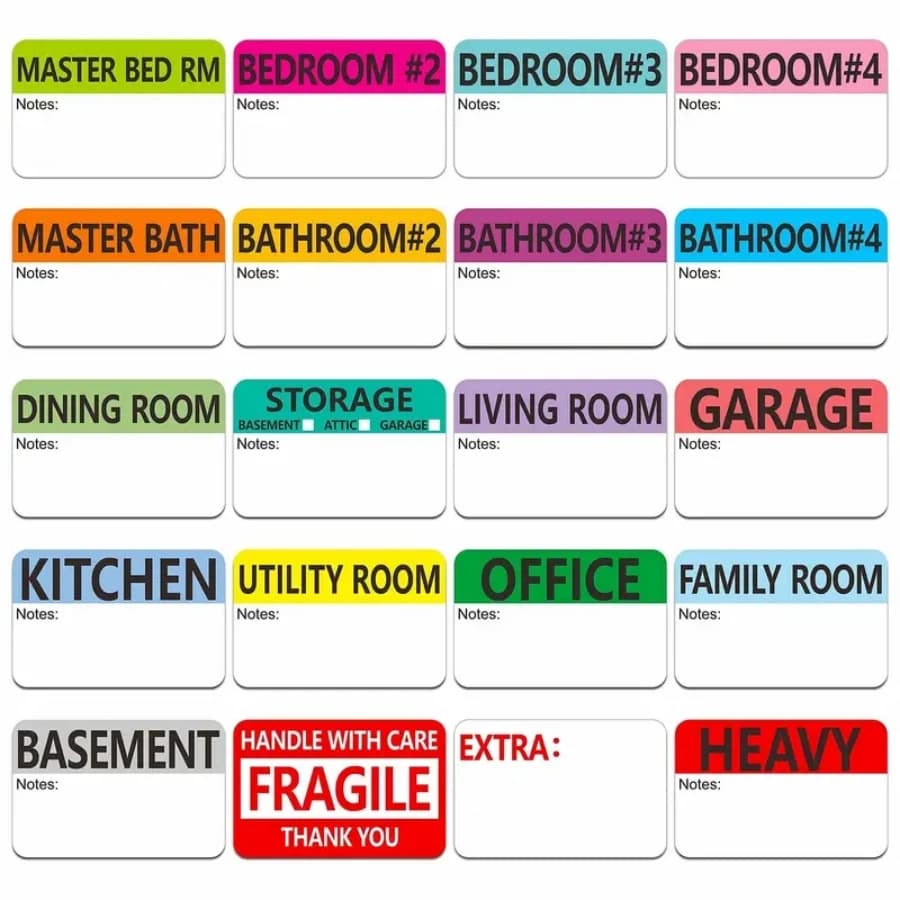 5 fogli/100 pezzi 20 disegni etichette per scatole di imballaggio in movimento per la casa con codice colore prestampato con Area Note scrivibili.