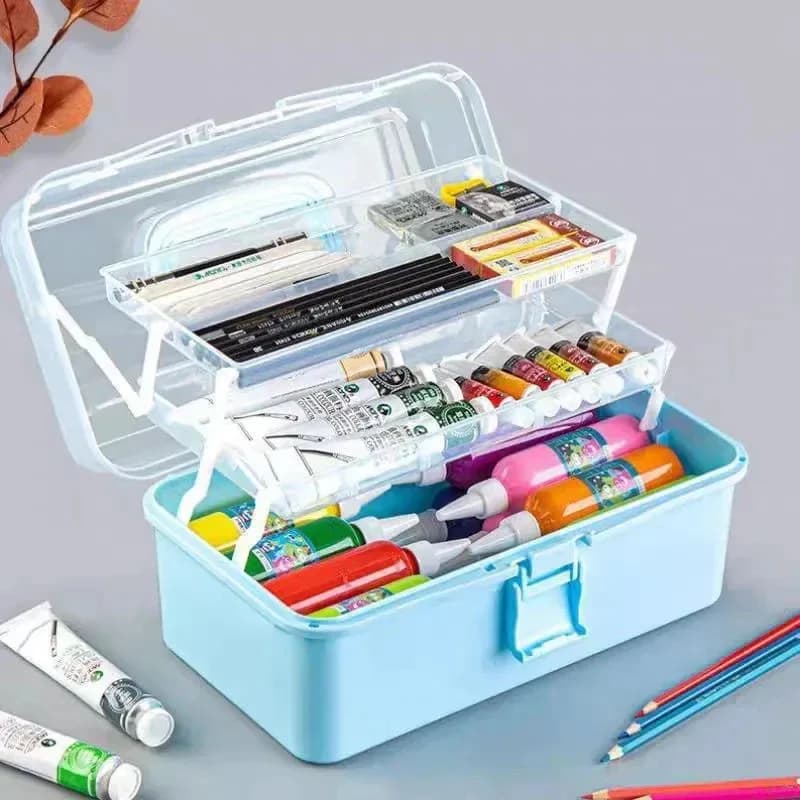 Cassetta Portautensili Pieghevole a Tre Livelli con Manico, Extra Large, con Sistema Click-Clack, per Kit Nail Art e Conservazione per Studenti d'Arte