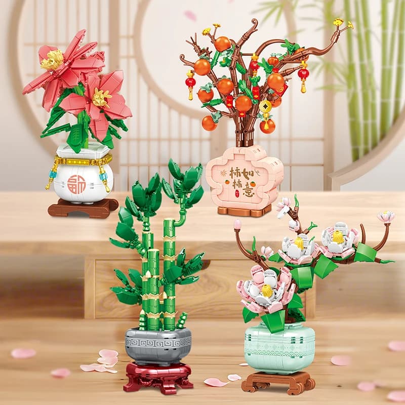 DIY Artificial Flowers Blossom Bamboo Mini Building Blocks Potted Plant Bricks Assembly Toys for Home and Office Decorations