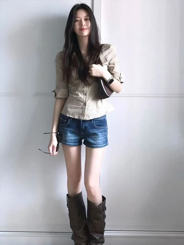 Low Waist Denim Shorts Women's Summer New Style American Retro Spicy Girl Butt Lifting Elastic Body Heat Pants Casual Washed