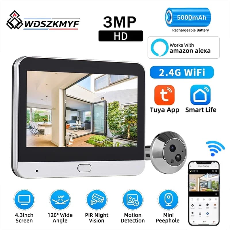 Tuya 3MP Smart WiFi Digital Door Peephole Camera 4.3 Inch Screen 5000mAh PIR Motion Alarm Wireless Video Door Viewer Alexa