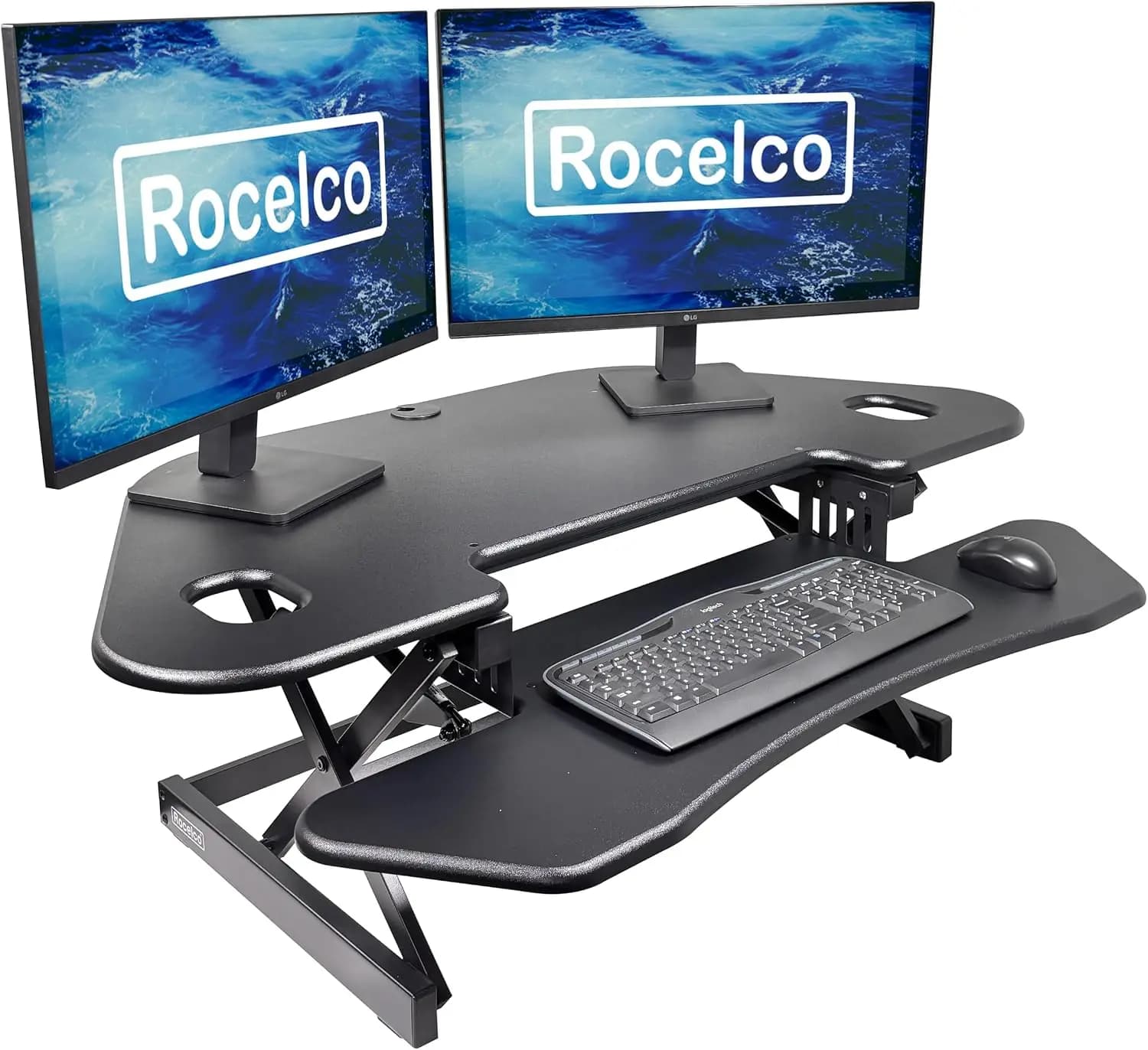 46 inch height adjustable corner standing desk quick sit stand dual monitor riser gas spring tabletop computer workstation large