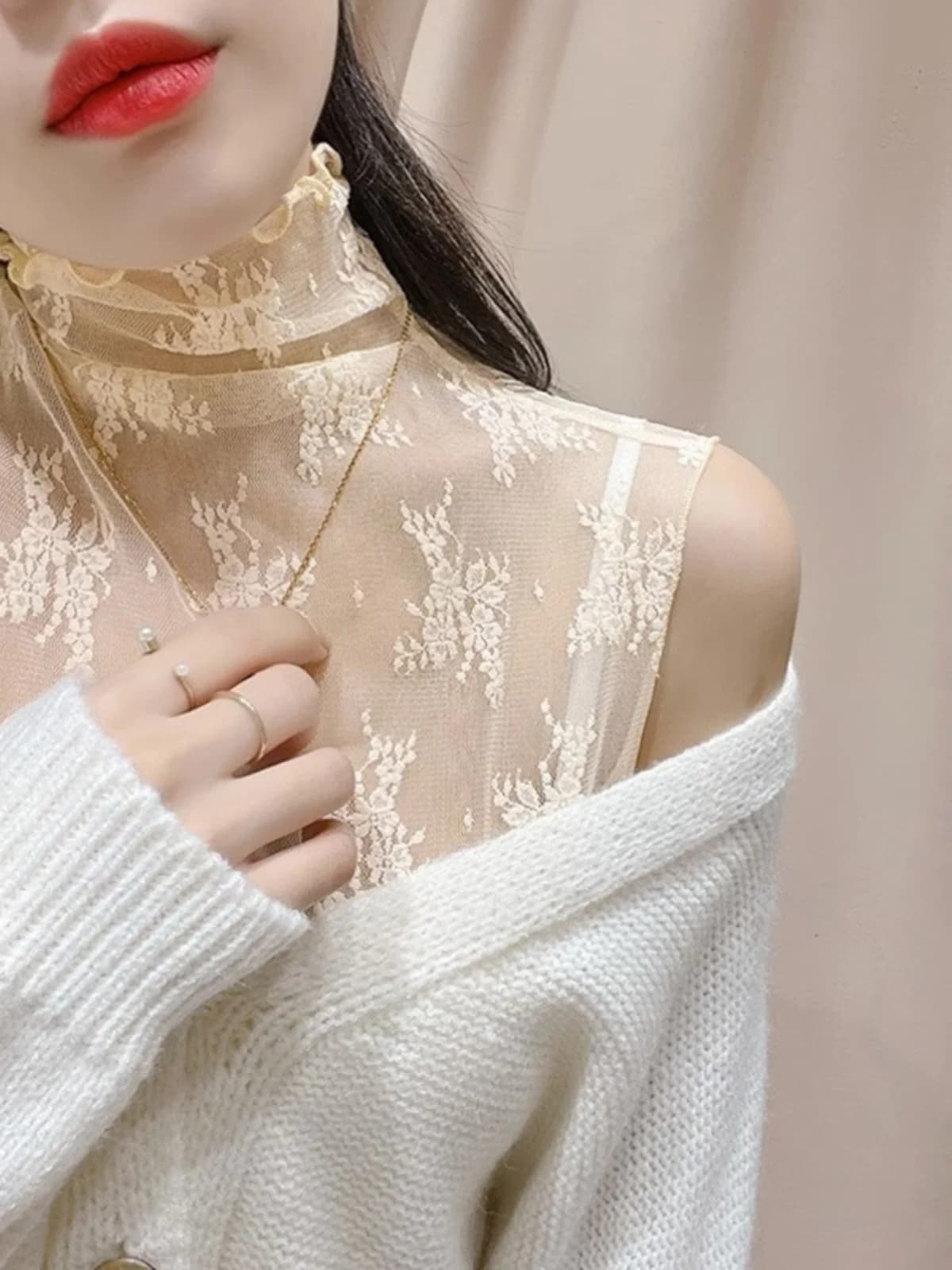 Lace Collar Half High Neck Strap Vest Trimmed Sleeveless Top Base Shirt Inner Wear Wooden Ear No Sleeve Upper Garment