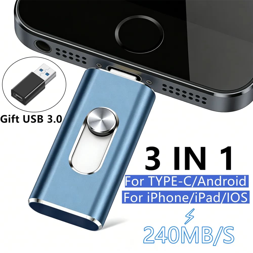 Chiavetta USB OTG 3.0 da 512GB per iPhone e iPad, Memoria per Backup di Foto e Video, Compatibile con iPad, Android e PC