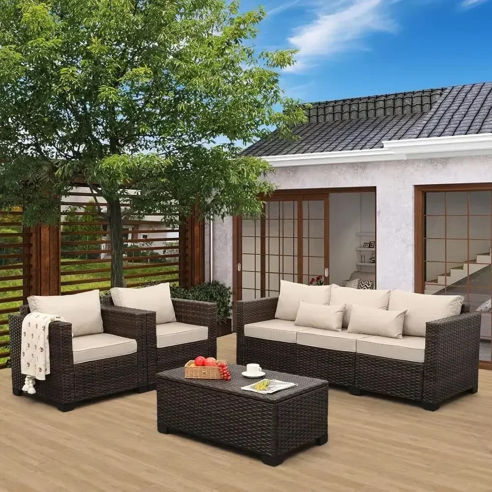 Set di mobili da giardino in vimini da 4 pezzi con sedie, divano, tavolo portaoggetti, cuscini e coperture impermeabili, colore kaki