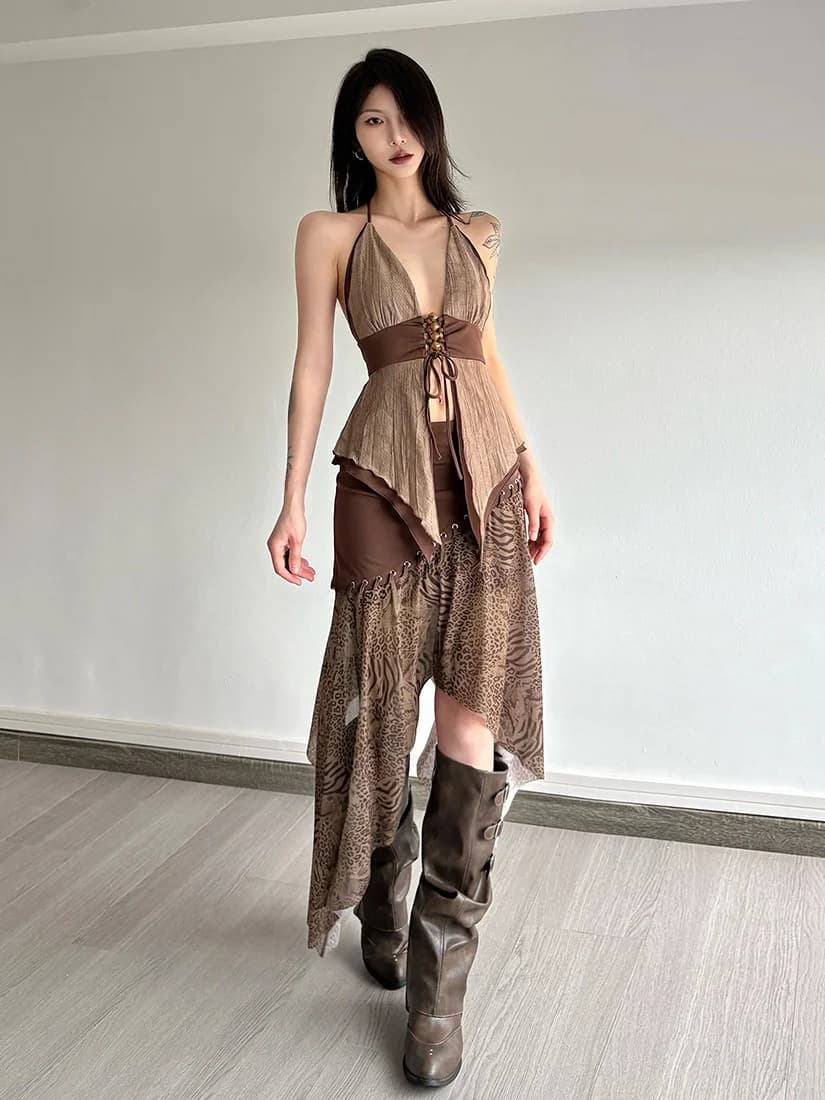 Sisjuly Summer Women's Long Skirt Set Lace Splicing Design Beaded Strap Split V-neck Polyester Two-piece Fashion Ensemble