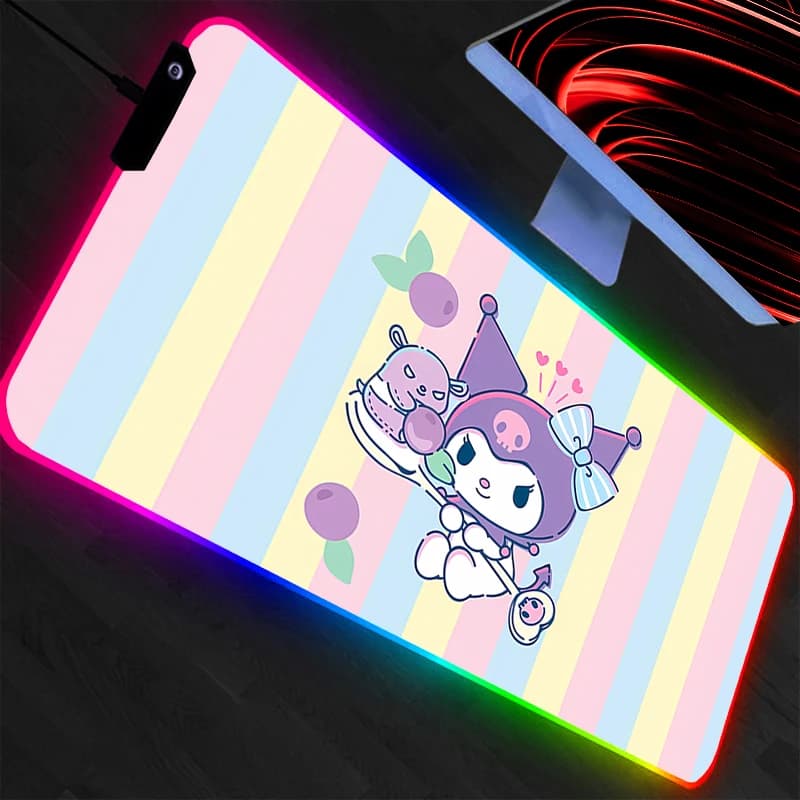Tappetino per Mouse XXL Kuromi RGB, Tappetino per Tastiera da Gaming per PC e Laptop, Mousepad con Bordo LED e Retroilluminazione Bianca, Tappetino da Tavolo in Gomma