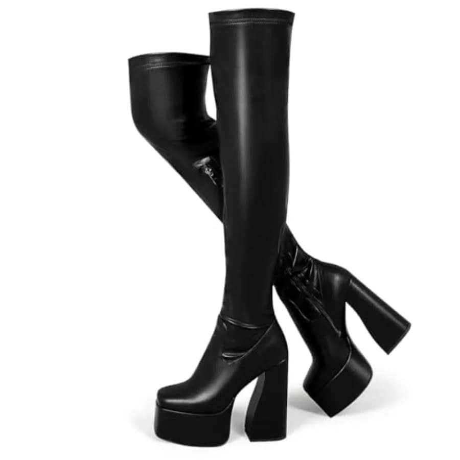 Stivali alti sopra il ginocchio da donna con plateau e tacco largo, stivali elasticizzati Go-Go con punta quadrata e cerniera, perfetti per feste