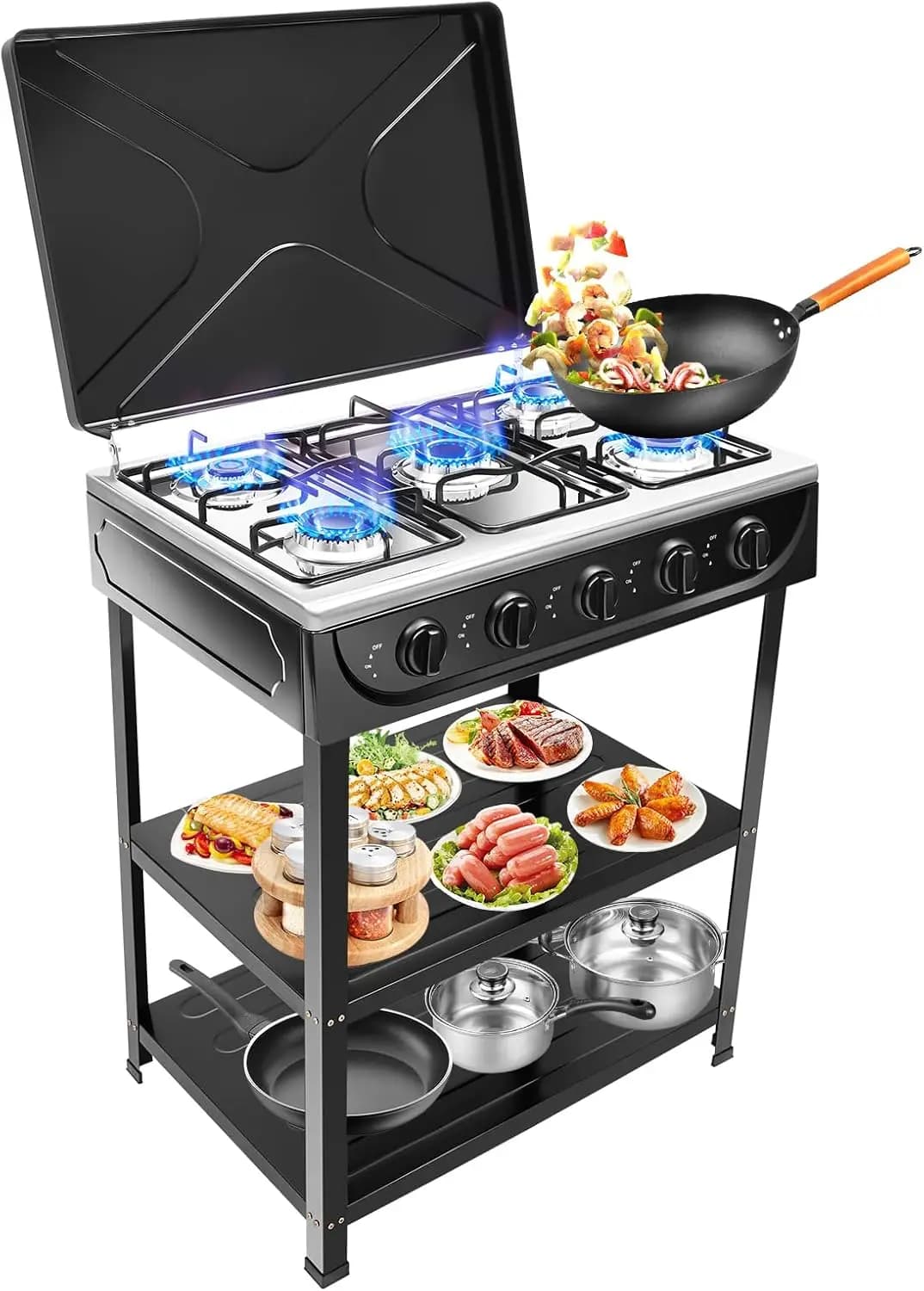 Portable 5-Burner Natural Gas Stove Set with Support Leg Stand, Camping Cookware for Outdoor Cooking, Black (Connecting Hose Not