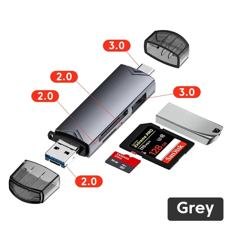 Lettore di schede SD USB 3.0 multifunzione 6 in 1 Tipo C Micro SD TF Adattatore per unità flash Trasferimento ad alta velocità Lettura di schede multifunzionali