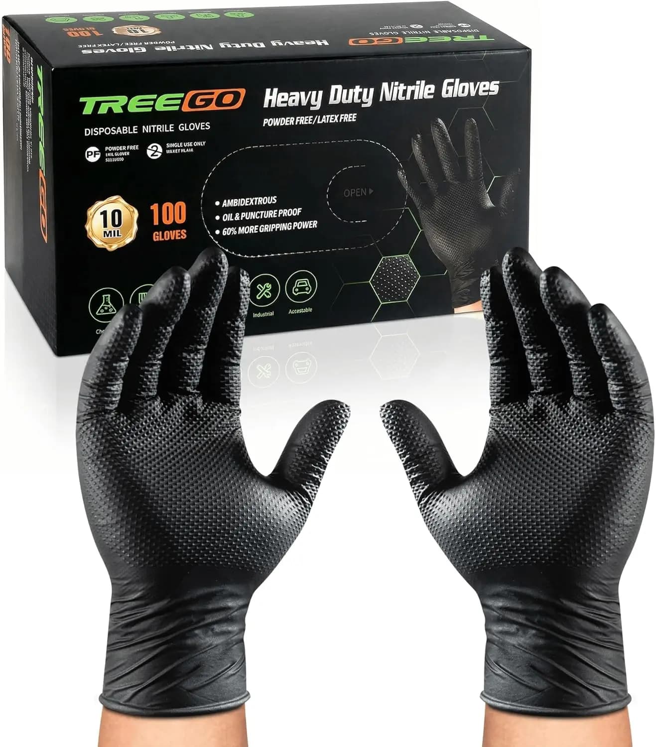 Guanti in Nitrile Nero 10 Mil Resistenti, con Texture a Diamante in Rilievo, Senza Lattice, Monouso per Meccanici, Taglia L, 100 Pezzi