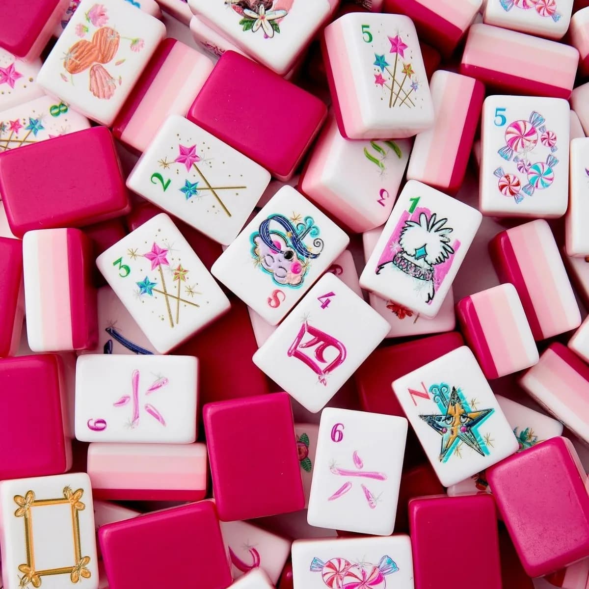 160Pcs US American Mahjong Tiles Luxury Pink Gradient Acrylic Cute Cartoon Painted Mah Jong with Joker Indoor Leisure Table Game