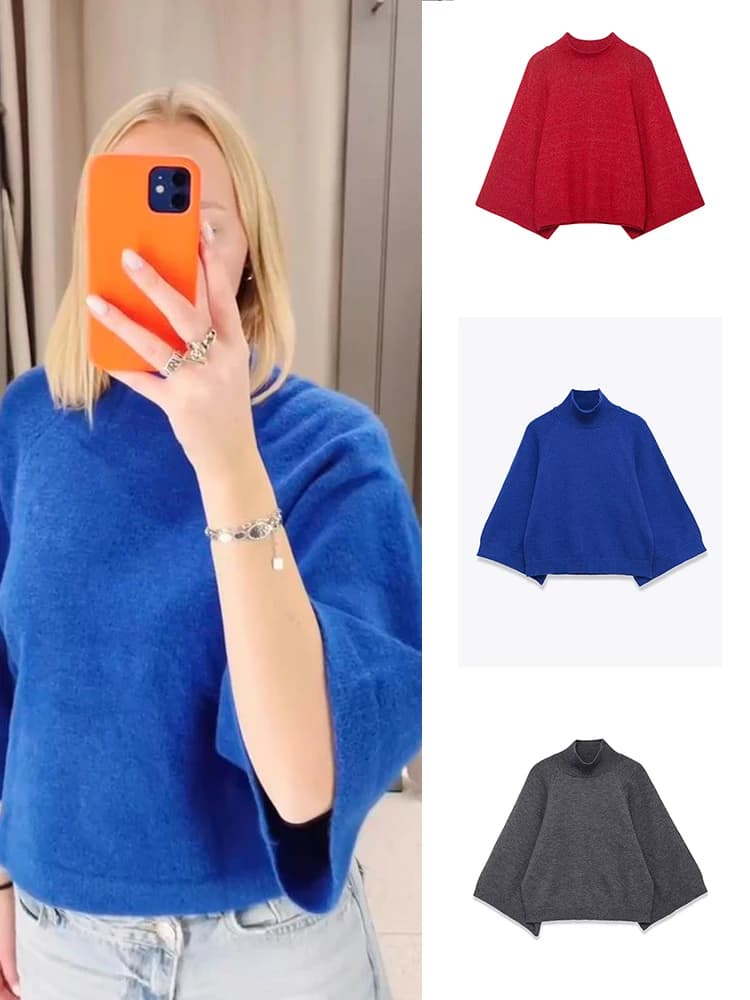 Loose Women Knitted Sweater Solid Stand Collar Batwing Sleeve Thick Warm Pullover 2026 New Spring Lady All-matching Knitwear